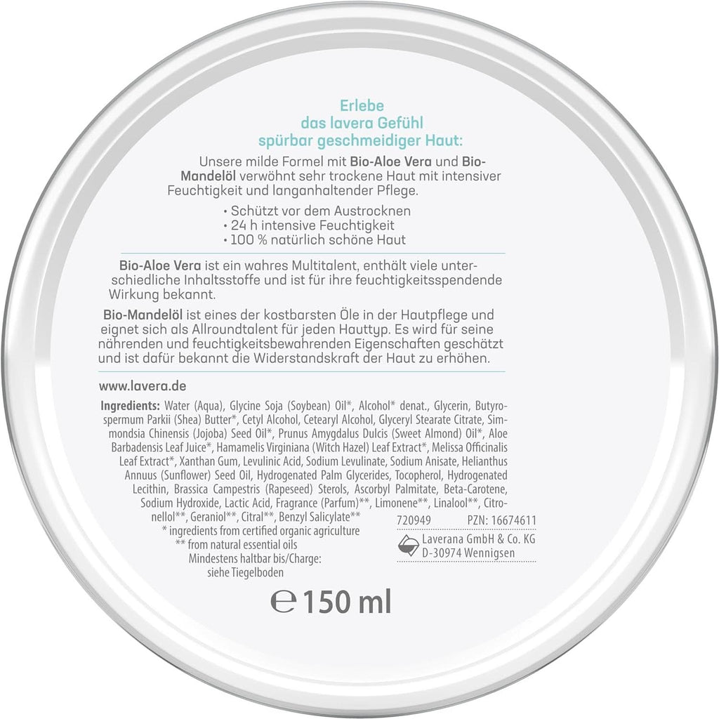 Lavera Basis Sensitiv, îngrijire intensivă pentru pielea uscată cu Aloe Vera si ulei de migdale, 150 ml Naty Shop