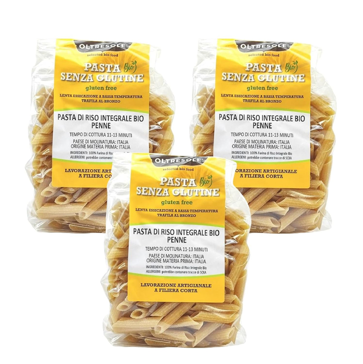 - Paste di Riso Integrale Biologica Italiana Gluten Free, Formato Penne - pasta senza glutine, 100% farina di riso integrale organic, bogat di fibre, vegana, confezione da 3 pacchi de 350 g