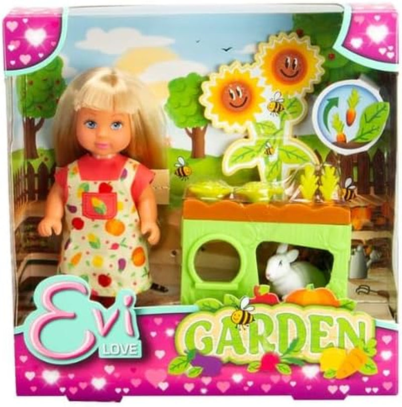 Simba Evi Love Garden, Puppe im Garten mit Hochbeet und Gemüse zum Ernten, inklusive kleinem Hasen, 12cm Spielpuppe, ab 3 Jahren