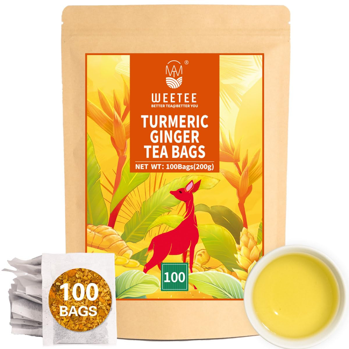 WEETEE Pliculețe de ceai cu turmeric, ghimbir și scorțișoară, 2 g x 100 bucăți Pliculețe de ceai cu turmeric, ghimbir și scorțișoară, ceai cald, picant și ușor dulce cu turmeric și ghimbir, bogat în antioxidanți, ceai cu mirodenii fără cofeină