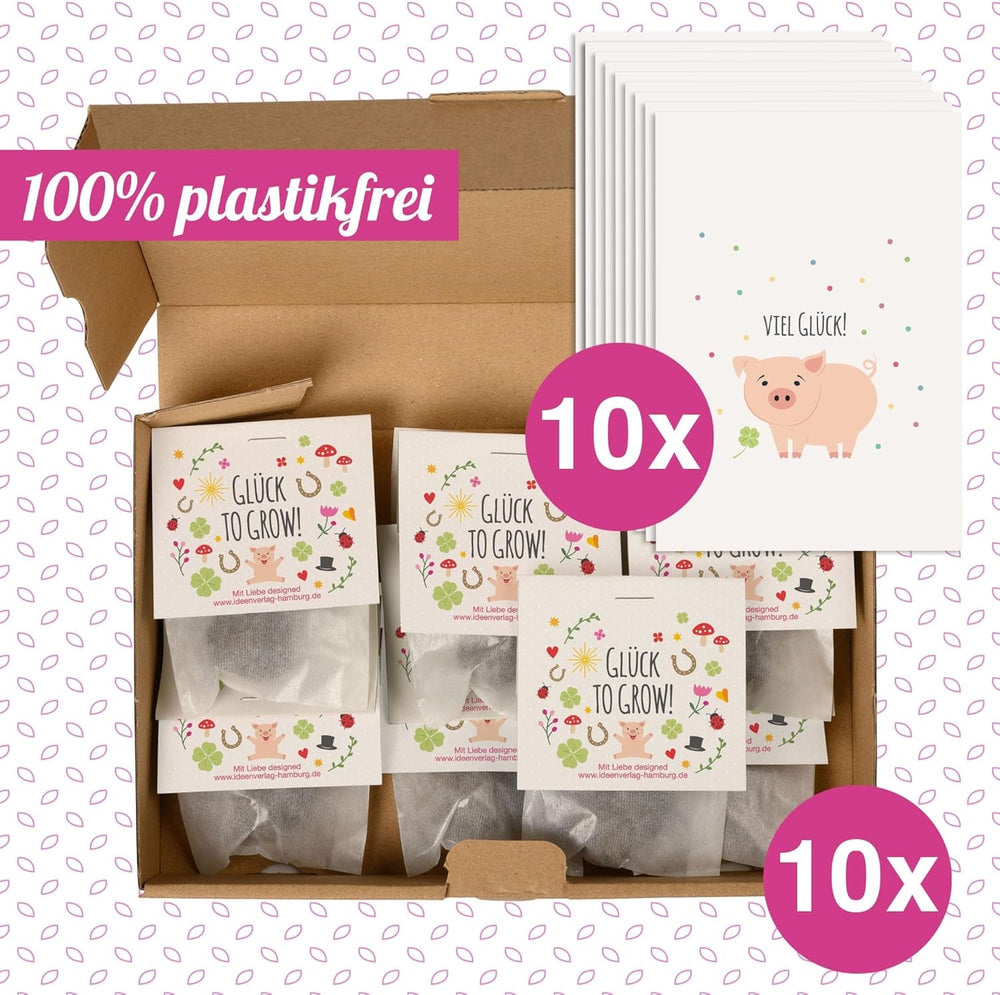 10x "Glück to grow" Samenbomben als Glücksbringer 2026 & Blumensamen Geschenk | Mitbringsel Erwachsene & kleine Gastgeschenke Silvester - Kleeblatt Glücksbringer Prüfung - inkl. Geschenkkarten Set