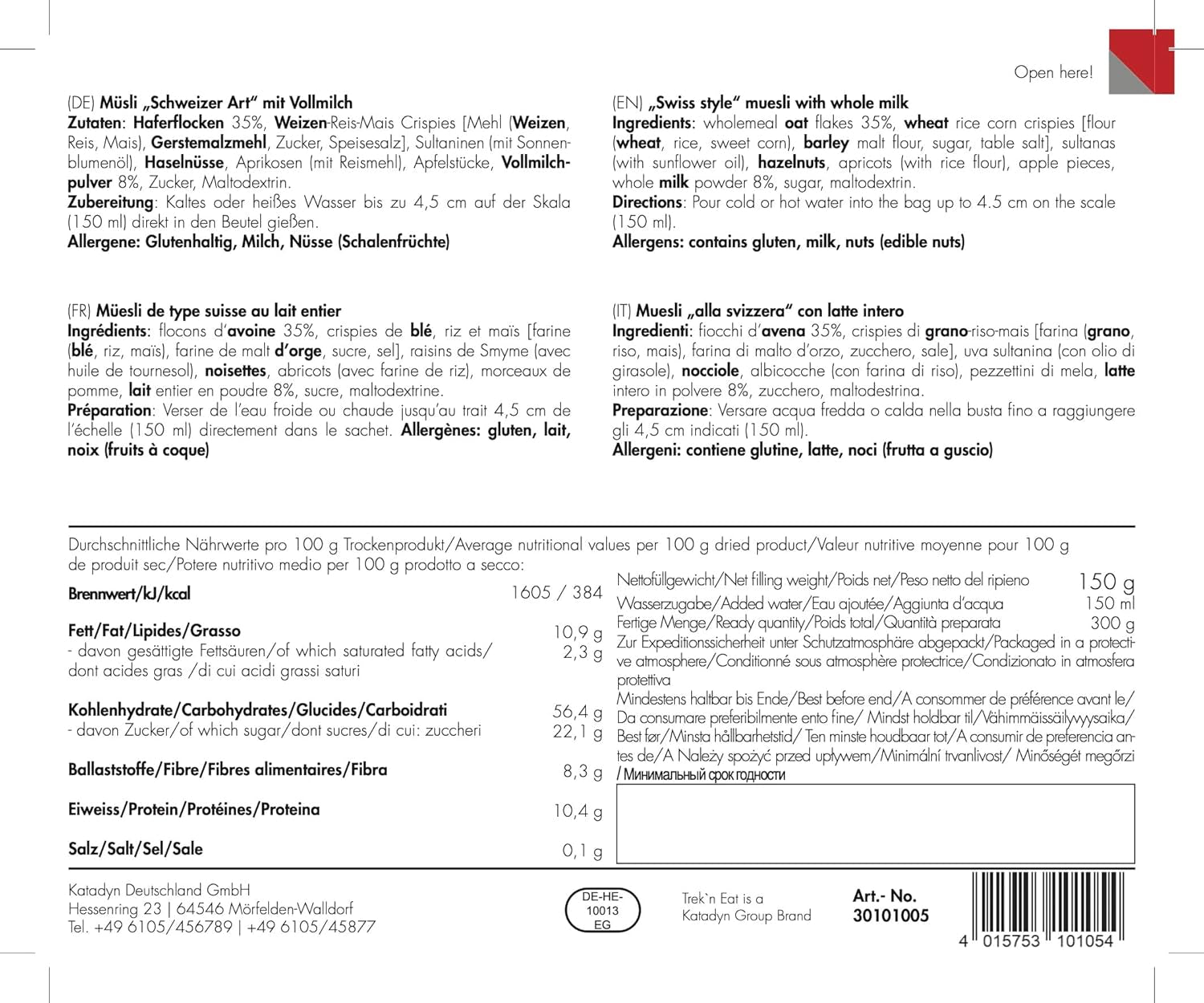 Muesli elvețian cu lapte praf Trek'n Eat (pachet de 2)