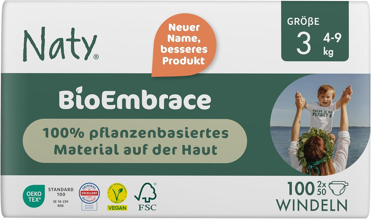 Scutece pentru bebeluși Naty BioEmbrace, mărimea 3 (4–9 kg) | 100% materiale pe bază de plante, delicate cu pielea | Moliciune respirabilă, testate dermatologic, absorbție excelentă | 100 buc.