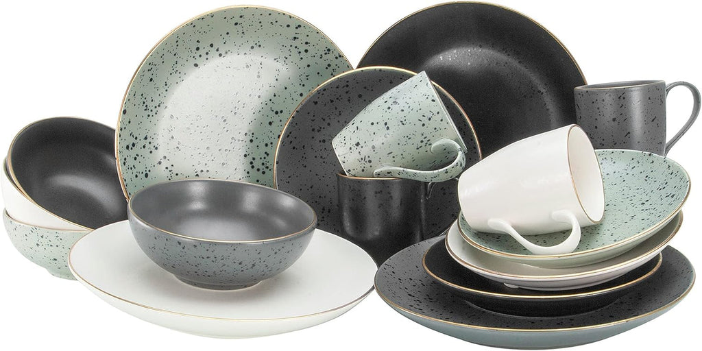 Creatable, 22707, Serie Industrial Gold BLACK, 12-Teiliges Geschirrset, Teller Set Aus Steinzeug, Spülmaschinen- Und Mikrowellengeeignet, Qualitätsproduktion Seturi vesela masa Naty Shop Gold Mix Kombiservice 16 Teilig