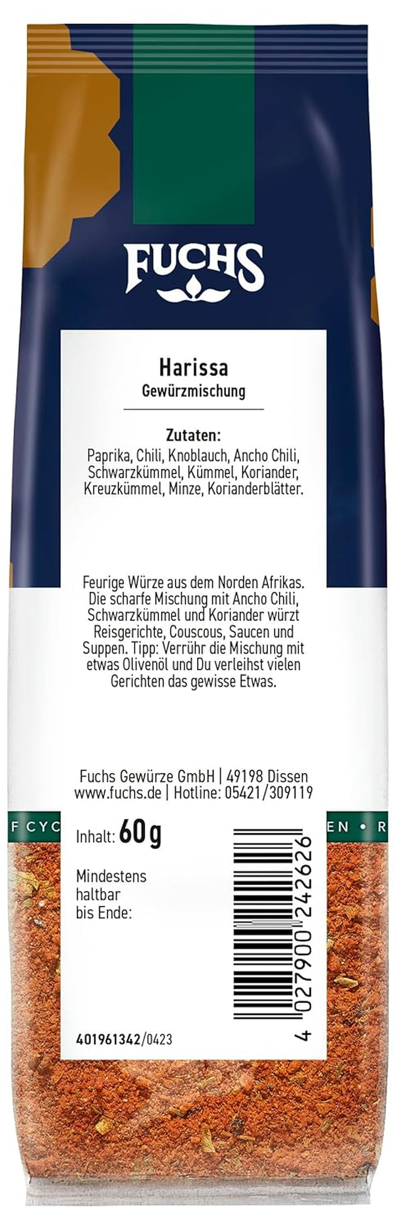 Fuchs Gewürze - Harissa Gewürzmischung im recyclebaren Nachfüllbeutel, zum Würzen von Reisgerichten, Couscous, Saucen und Suppen - 60 g