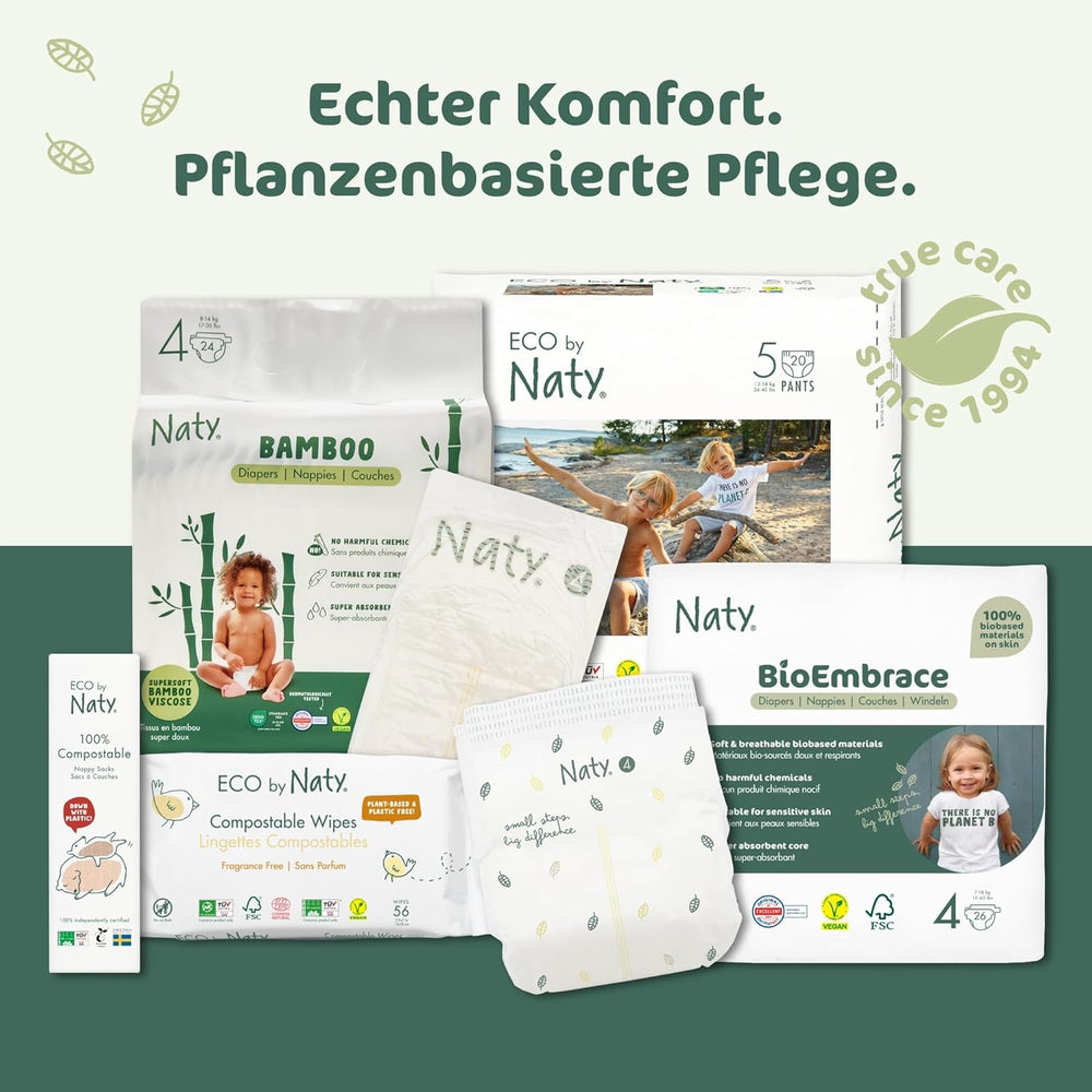 Scutece pentru bebeluși Naty BioEmbrace, mărimea 3 (4–9 kg) | 100% materiale pe bază de plante, delicate cu pielea | Moliciune respirabilă, testate dermatologic, absorbție excelentă | 100 buc.