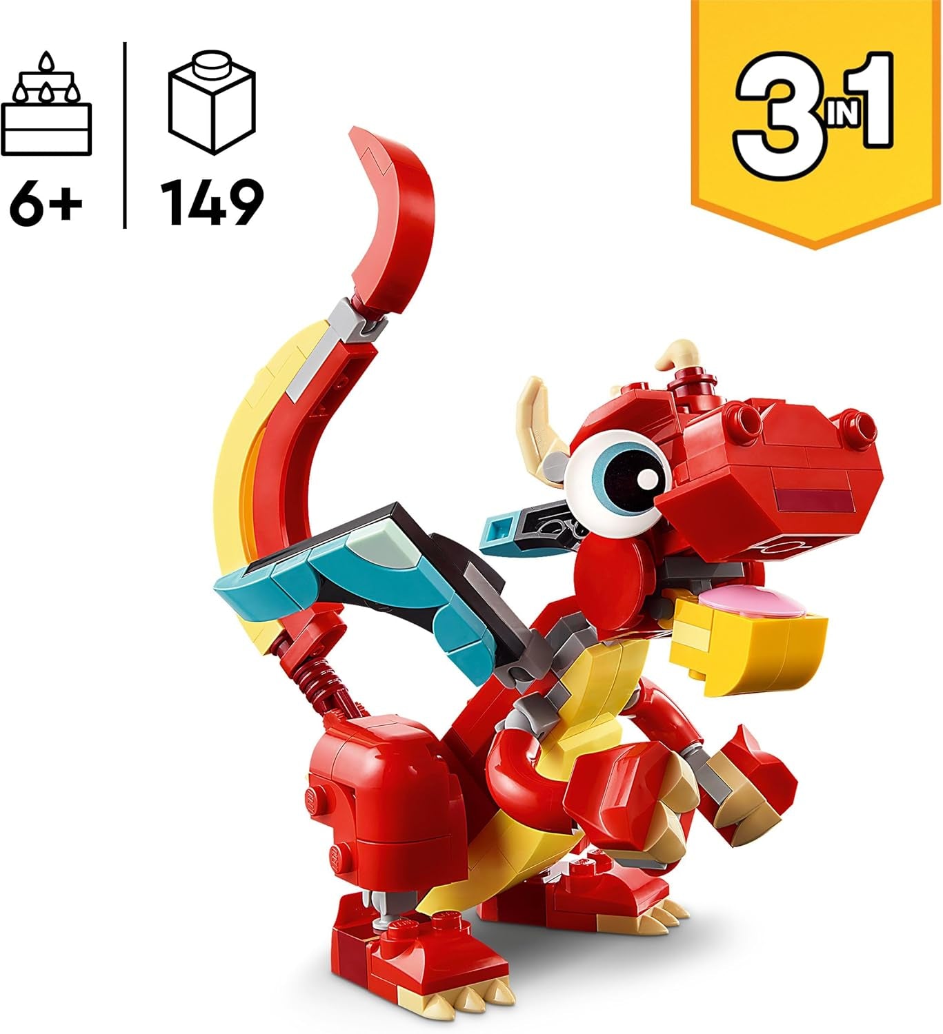 LEGO Creator 3in1 Red Dragon Toy to Fish Figure to Phoenix Bird Model, Animal Figures Set, Gifts for 6 Plus Year Old Boys, Girls and Kids 31145
