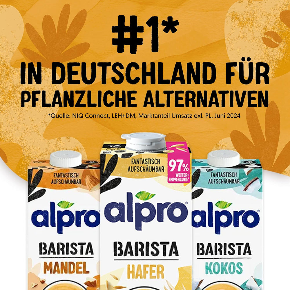 Alpro Barista Haferdrink – Zum Aufschäumen – Vegan und milchfrei – Von Natur aus laktosefrei – Reich an Ballaststoffen, Calcium und Vitaminen – 8 x 1 L – Haltbar