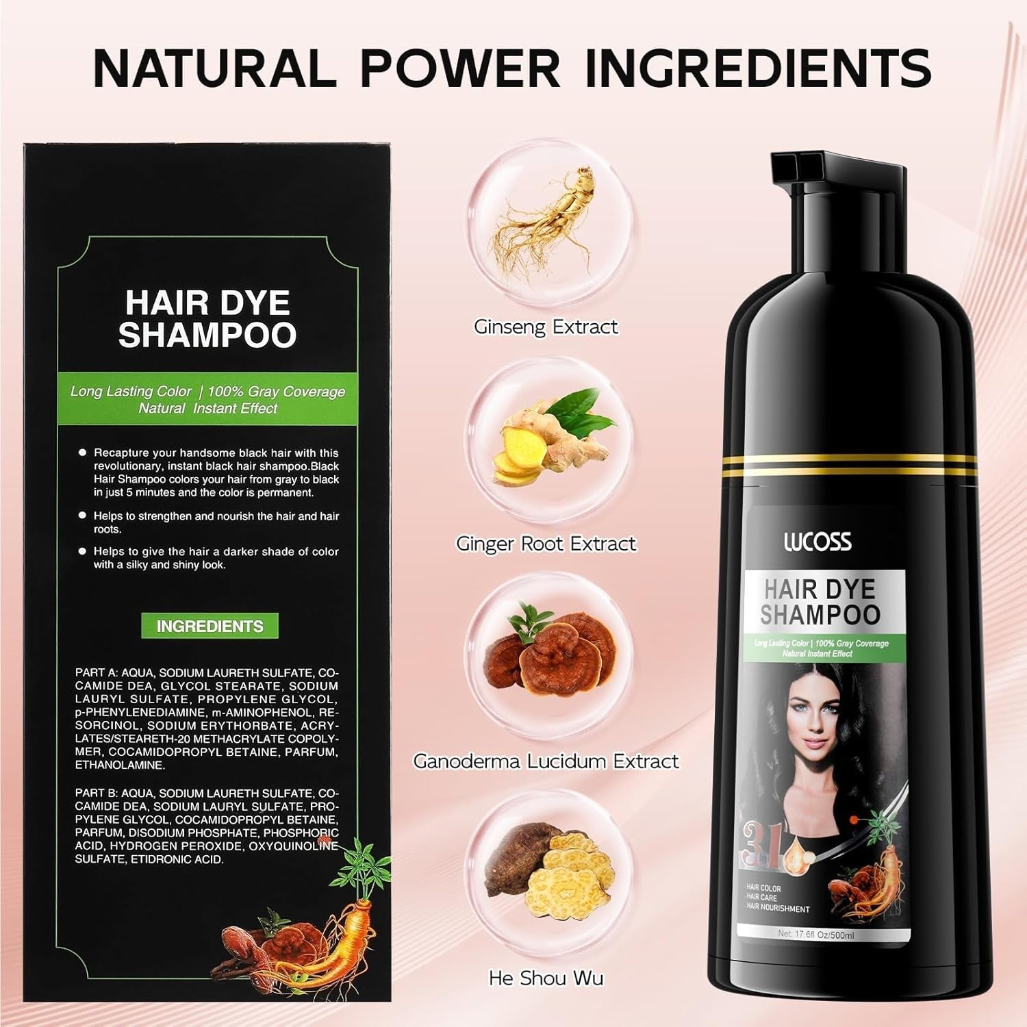 Șampon instant pentru păr negru, șampon natural pentru vopsirea părului, 100% acoperire gri - ușor și rapid, culoare semipermanentă pentru păr negru, șampon pentru vopsirea părului pentru bărbați și femei Vopsea pentru par Naty Shop