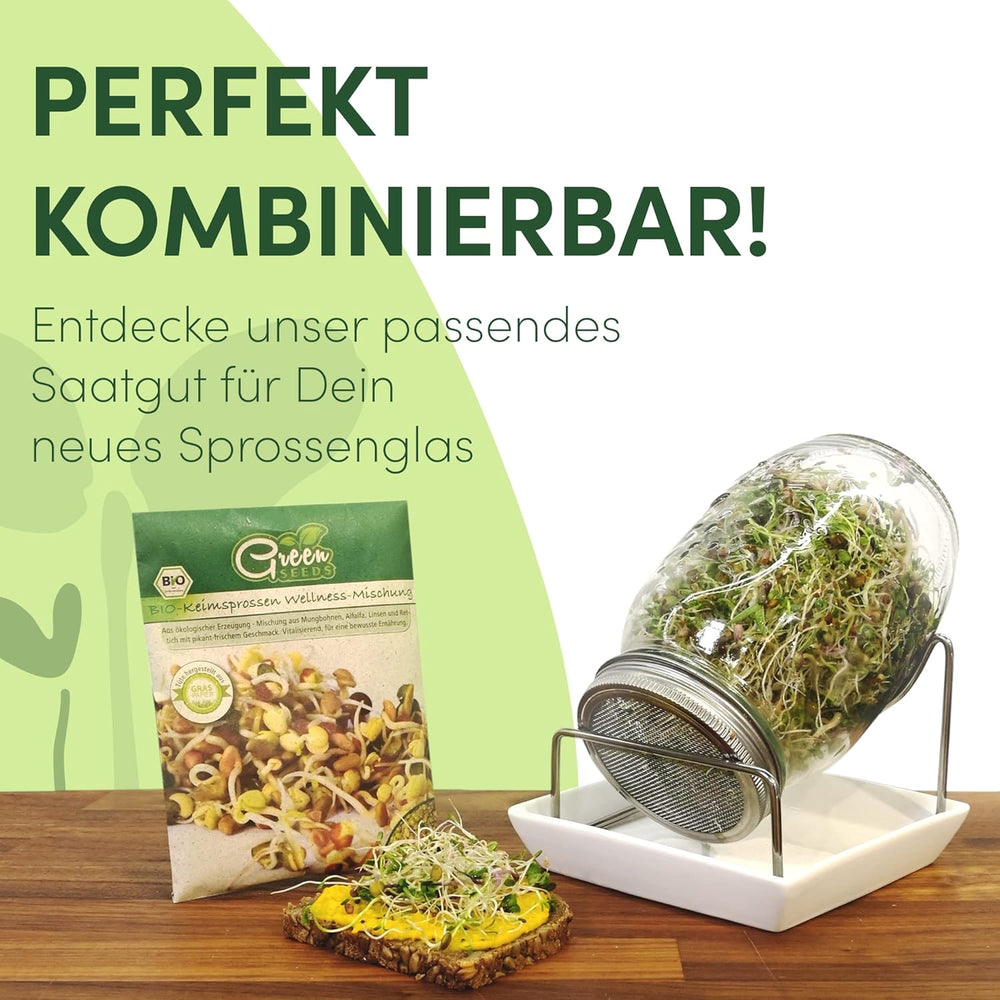 [Set original pentru începători cu borcan de germinare + sită pentru năsturel | 1000 ml cu capac din plasă din oțel inoxidabil de înaltă calitate, suport, tavă ceramică + ABC pentru germinare [Versiune tipărită] Tavă pentru răsaduri cu borcan de germinare