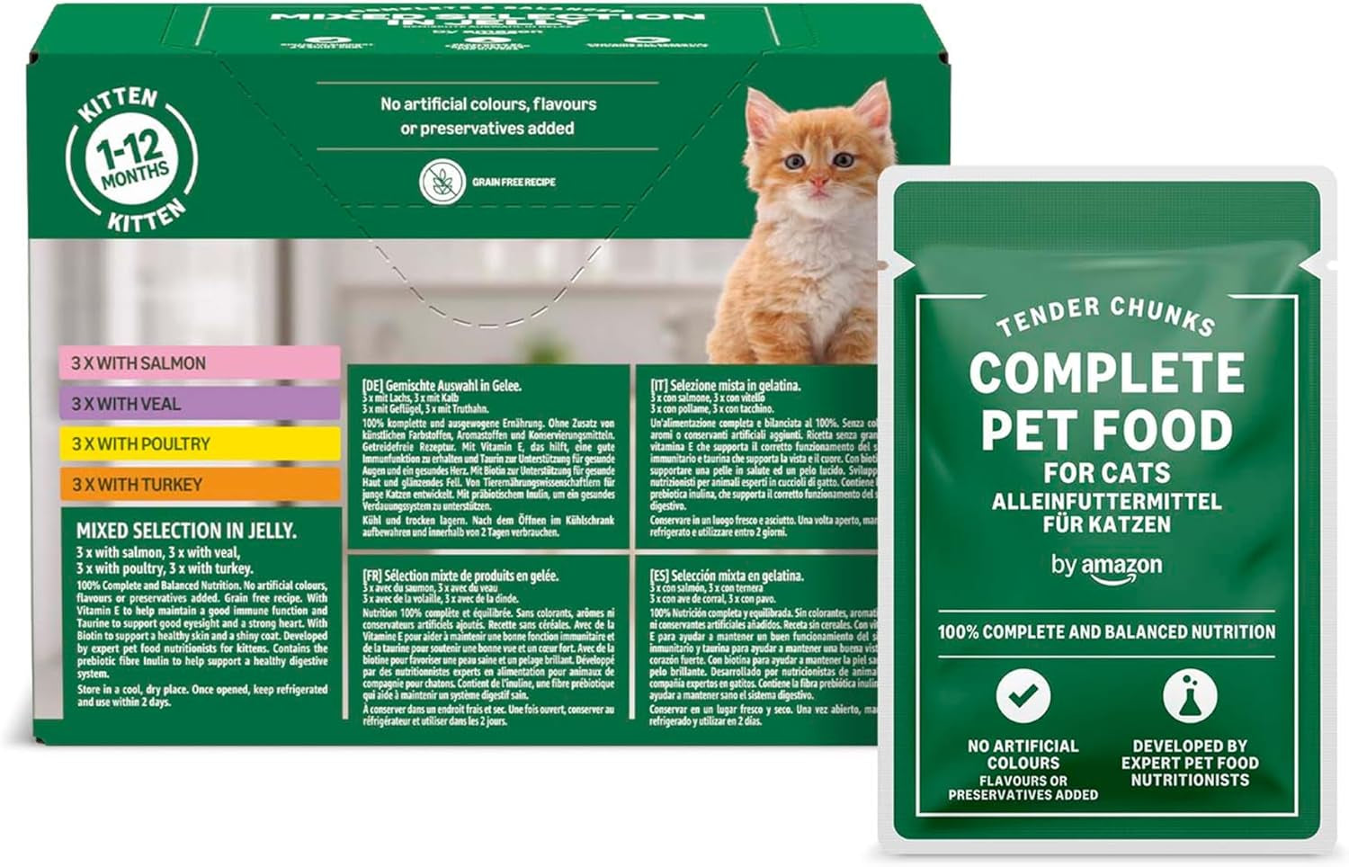 Hrană umedă pentru pisici tinere de la Amazon, selecție mixtă în jeleu, 1,2 kg (12 pliculețe a câte 100 g)