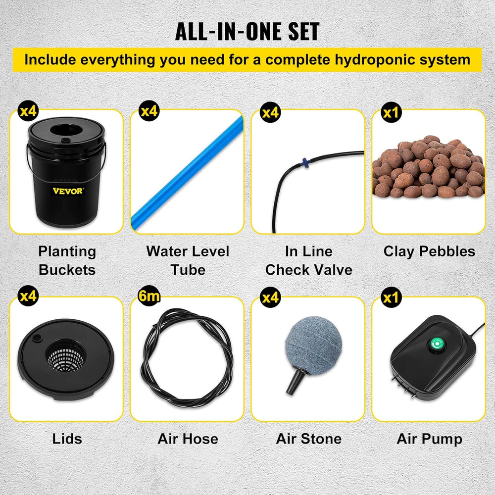 Sistem de creștere hidroponică VEVOR DWC, Sisteme de creștere hidroponică, Cultivare în apă adâncă 4 găleți de 20 de litri, Sistem DWC cu pompă de aer, pietre de aer și indicator al nivelului apei pentru legume cu frunze