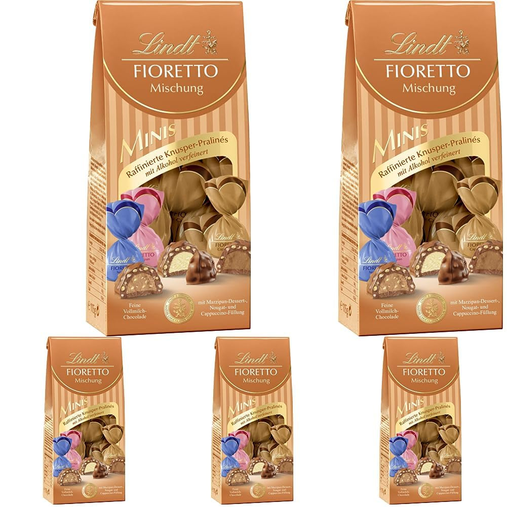 Ciocolată - Asortiment FIORETTO Minis | 115 g | Aprox. 10 praline de ciocolată cu lapte în arome de marțipan, cappuccino și nuga, conține alcool | Set cadou ciocolată | Set cadou ciocolată (pachet de 5)