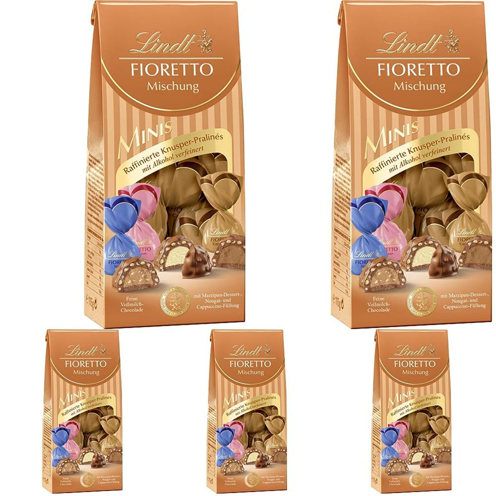 Ciocolată - Asortiment FIORETTO Minis | 115 g | Aprox. 10 praline de ciocolată cu lapte în arome de marțipan, cappuccino și nuga, conține alcool | Set cadou ciocolată | Set cadou ciocolată (pachet de 5)