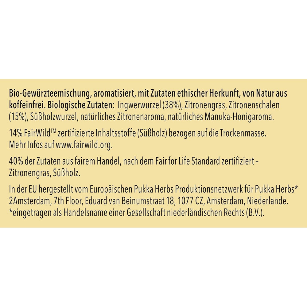 Pukka | Amestec de ceaiuri aromatizate bio „Lămâie și ghimbir cu o notă fină de miere de Manuka” | Încălzește-te și relaxează-te cu acest ceai | Pachet de 1 | 20 pliculețe de ceai