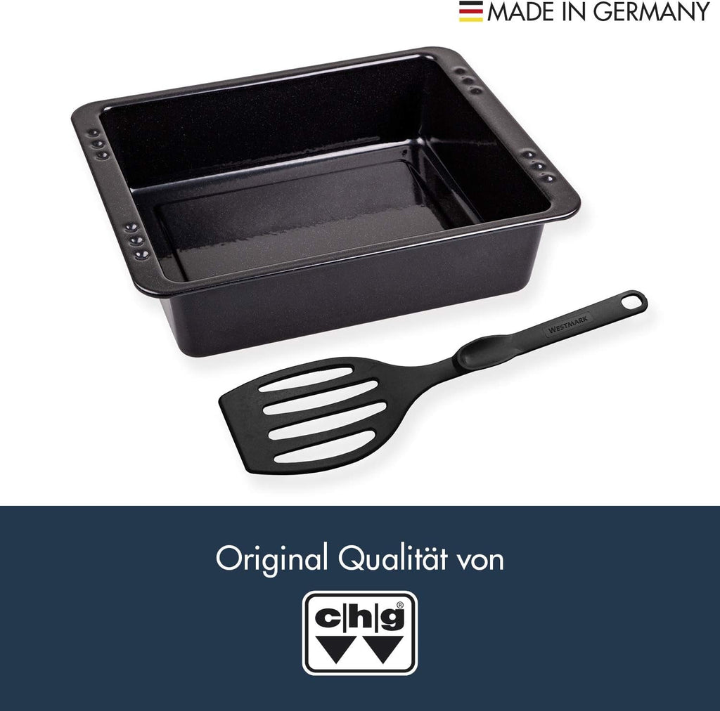 Chg SET 341-46-60 Extra Tiefe Ofenform (7,0 Cm) "Emaille" Mit Profi-Pfannenwender", Schwarz Gesprenkelt Matrite si tavi pentru copt Naty Shop