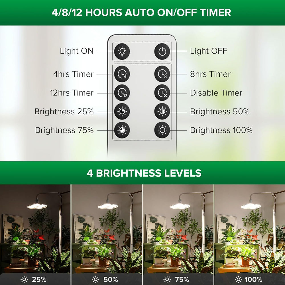 Lampă LED SANSI pentru plante cu spectru complet, 125W, cu lumină reglabilă, cu telecomandă pentru creșterea plantelor, înălțime reglabilă 120-180cm, temporizator 4/8/12 ore, 4 niveluri de luminozitate