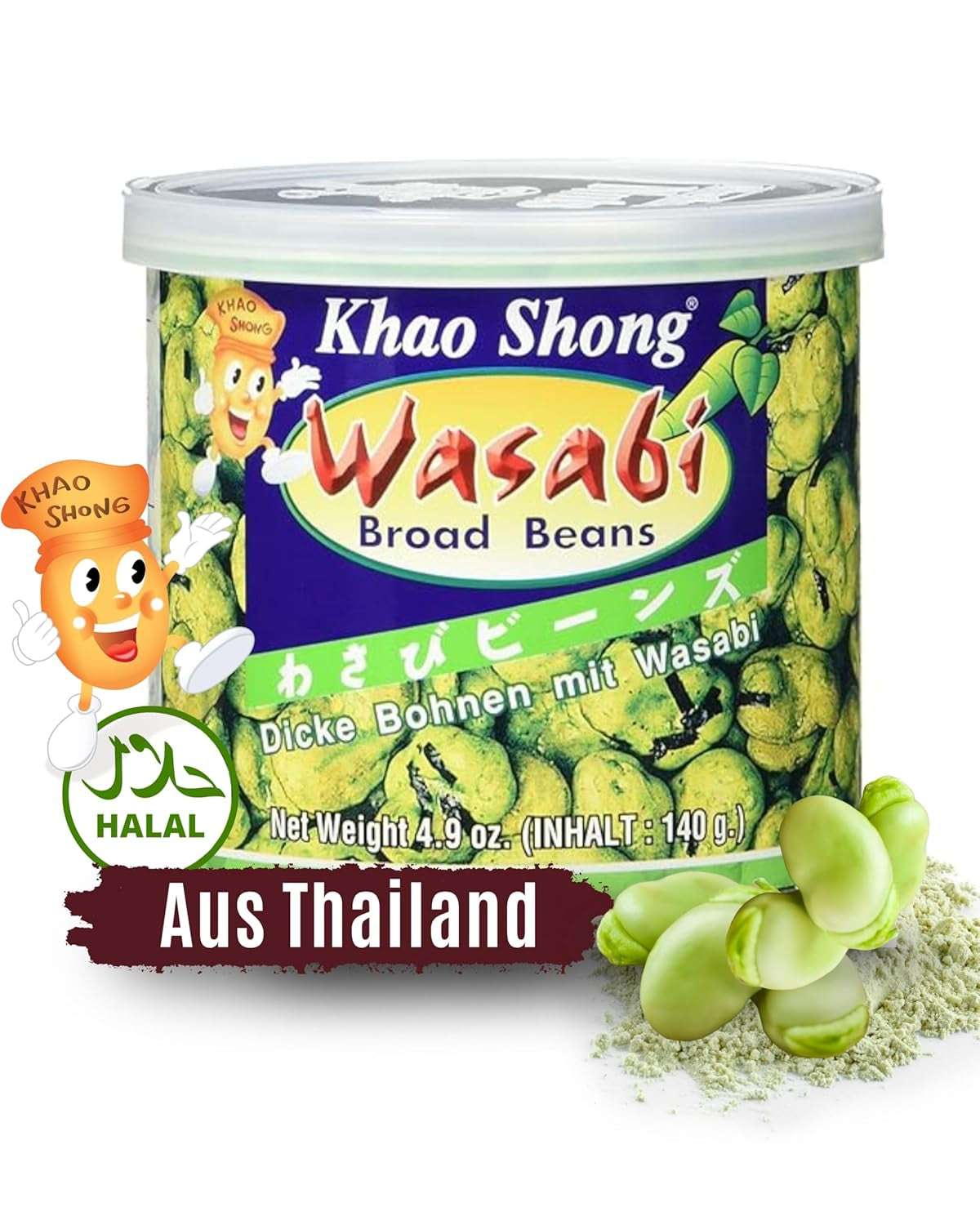 Mazăre verde prăjită Khao Shong cu wasabi, mazăre crocantă într-un aluat picant, o alternativă cu conținut scăzut de grăsimi la nuci, iuțeală medie, 1 conservă de 140 g | 140 g (1 pachet)