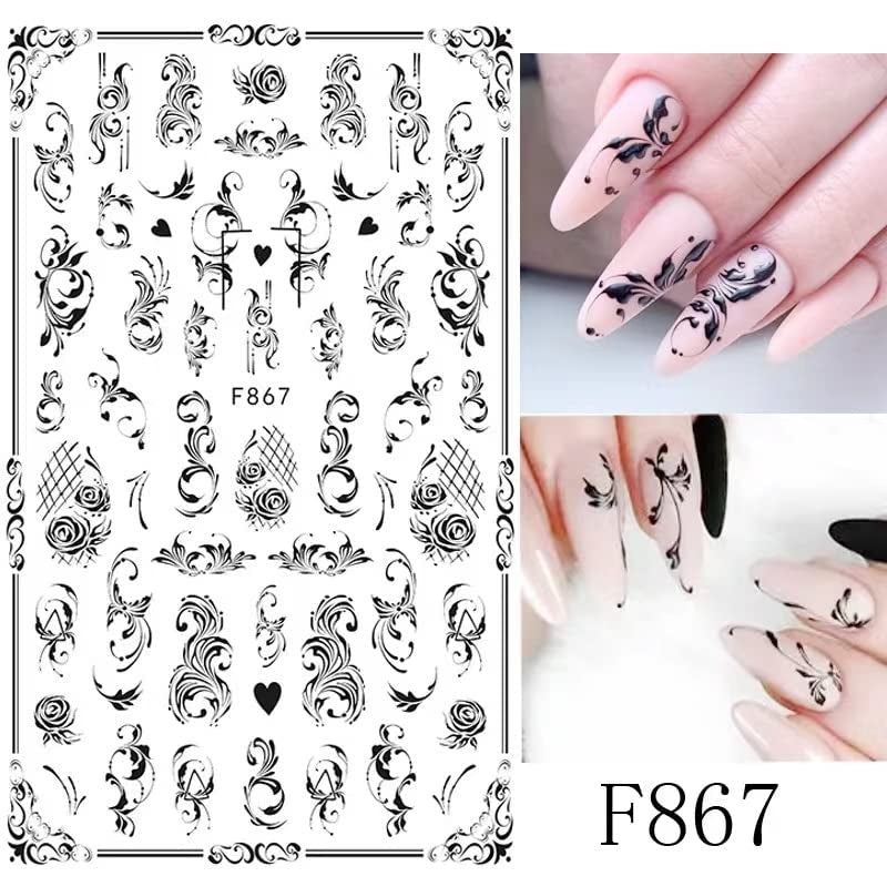 JMEOWIO Nagelsticker Blumen 10 Blatt Nagelaufkleber Selbstklebend Black White Blossom Nail Art Sticker Dekoration Nageldesign Zubehör