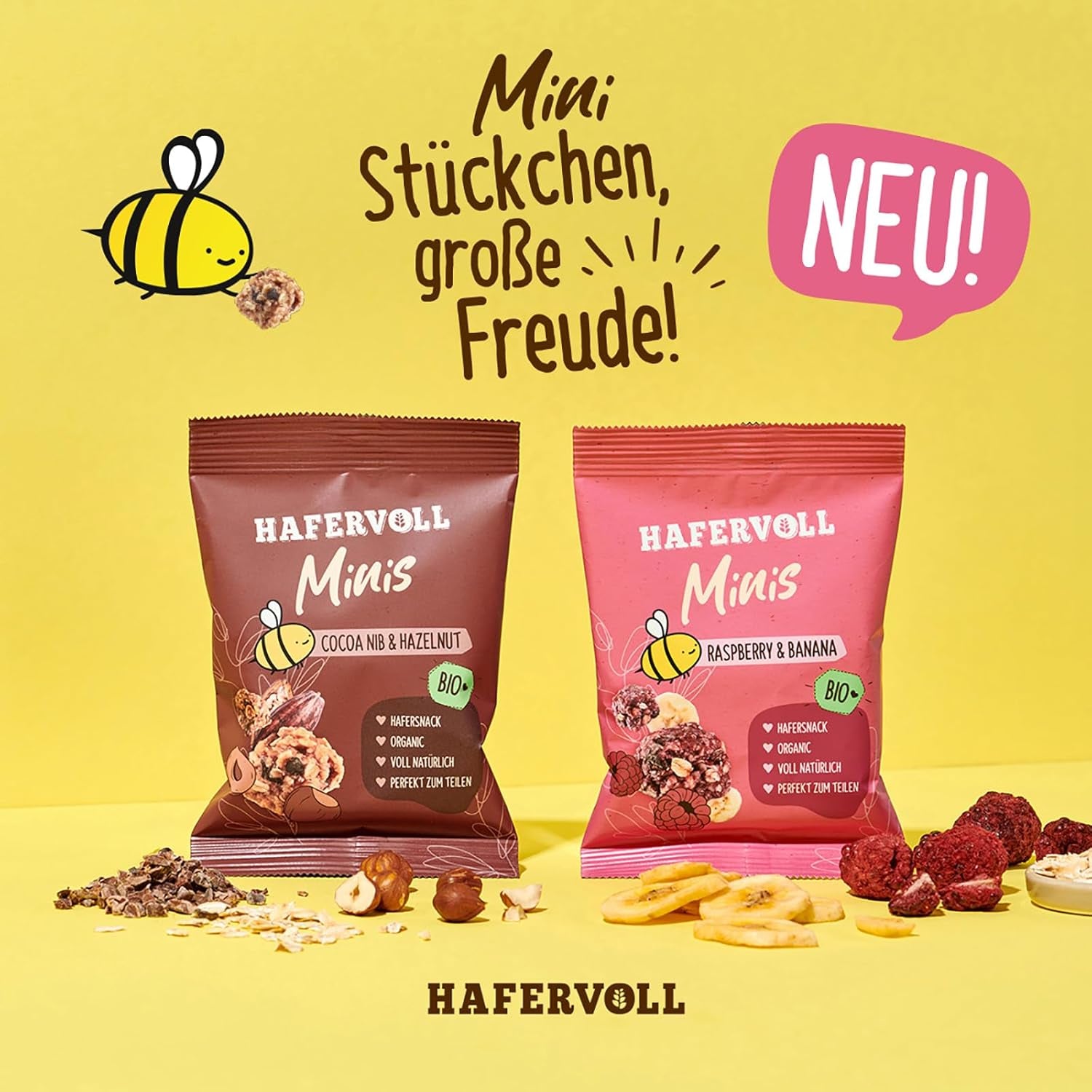 HAFERVOLL Minis Rapiță și Banană 8x 65g - Certificat organic, cu miere, fără zahăr adăugat, perfect pentru a fi împărțit