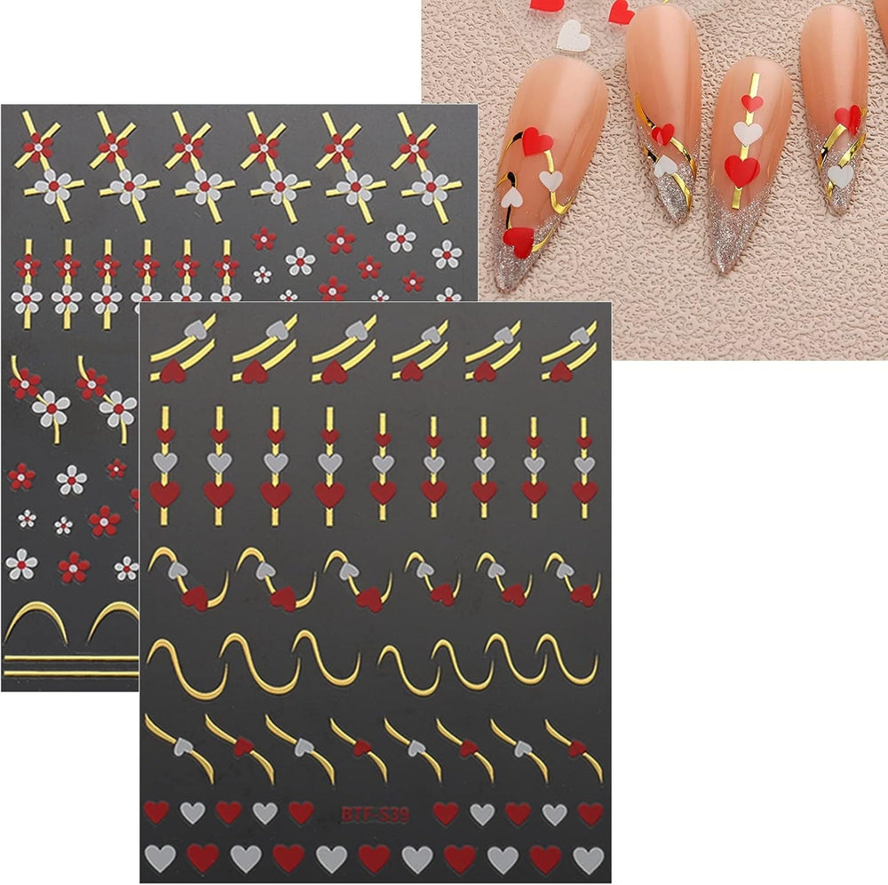 JMEOWIO Nagelsticker Herz Linien Blumen 9 Blatt Nail Art Sticker Selbstklebend Nagelaufkleber Bunte Dekoration Nageldesign Zubehör