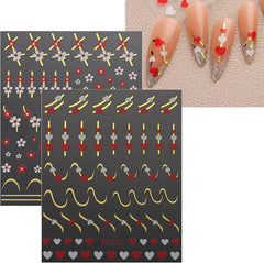 JMEOWIO Nagelsticker Herz Linien Blumen 9 Blatt Nail Art Sticker Selbstklebend Nagelaufkleber Bunte Dekoration Nageldesign Zubehör