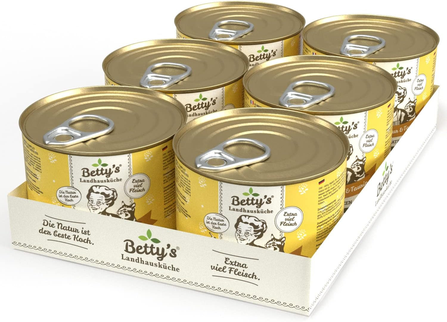 Betty'S Landhausküche cutie de hrană umedă pentru pisici, Fără cereale, Cea mai bună calitate, Carne de înaltă calitate, Gently cooked, Potrivit pentru toate rasele de pisici, Pui și fazan cu ulei de borangic 6 X 200 G