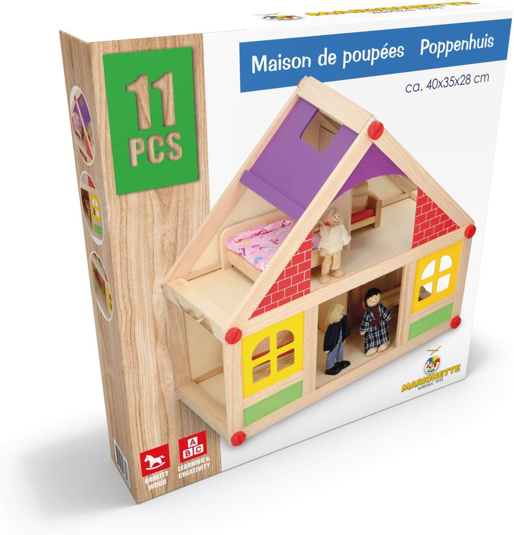 Marionette Wooden Toys - Casă de păpuși din lemn cu mobilier și păpuși - 11 bucăți Casute de papusi Naty Shop