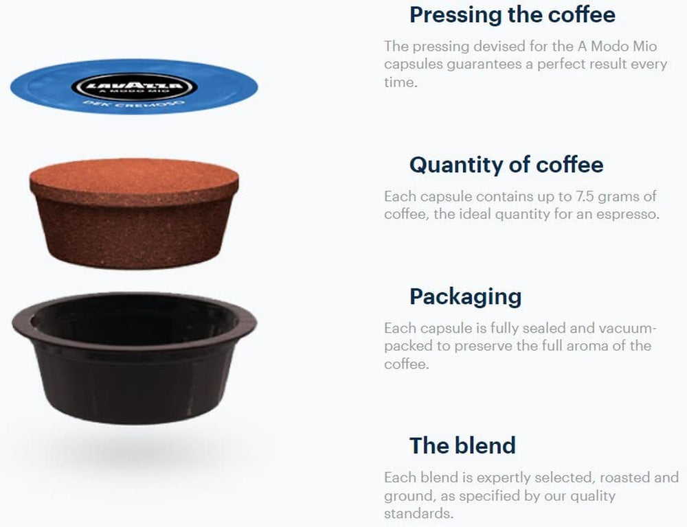 Lavazza A Modo Mio Dek Cremoso, 256 Kaffeekapseln, für einen entkoffeinierten Espresso mit aromatischen Noten von Mandeln und Canditis, 100% Arabica, Intensität 7/13, mittlere Röstung, 16 Packungen