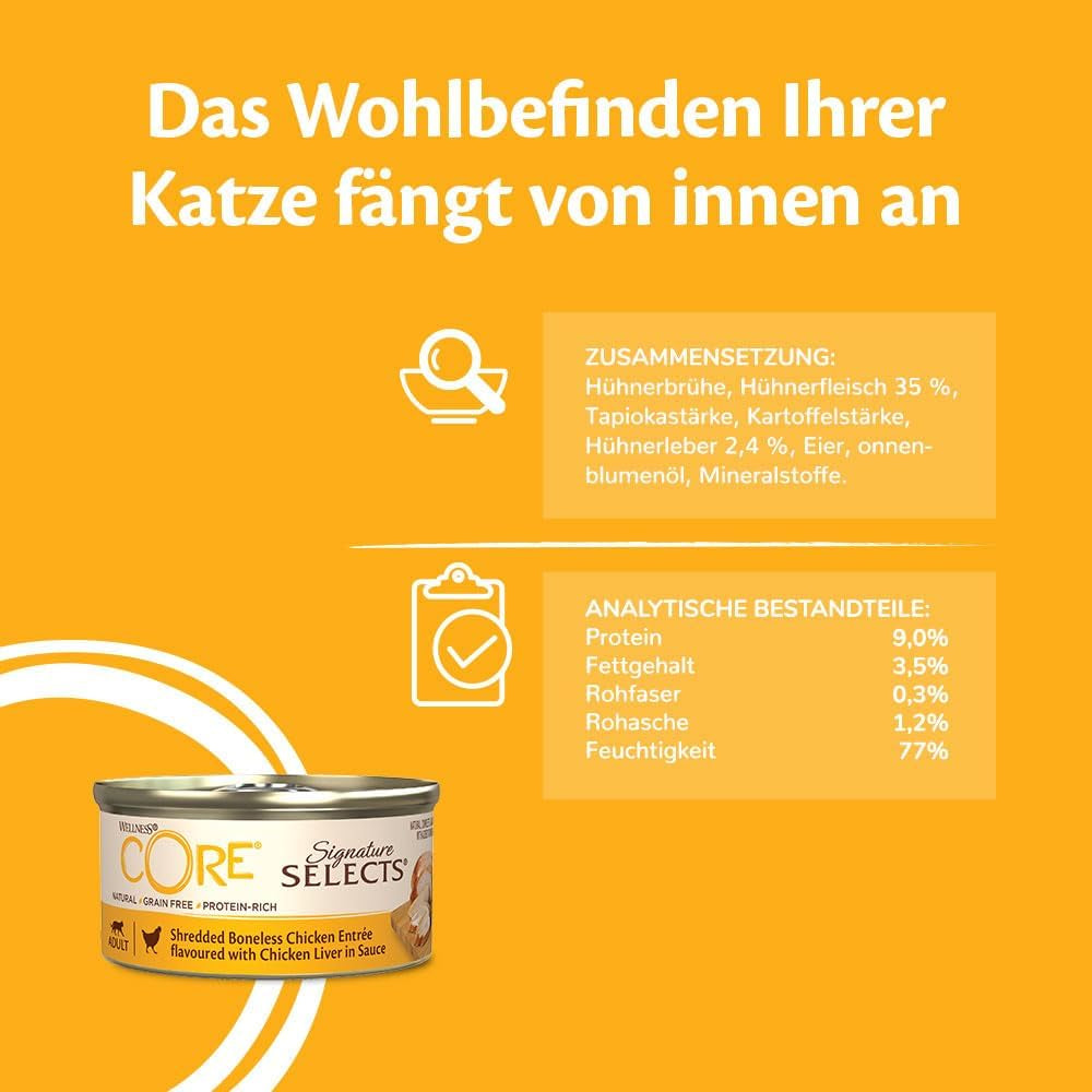 Wellness CORE Signature Selects 8 x 79g, Mix de pui și curcan – Hrană umedă pentru pisici, fâșii delicioase în sos, fără cereale, naturală, hipoalergenică, bogată în proteine, conținut ridicat de carne