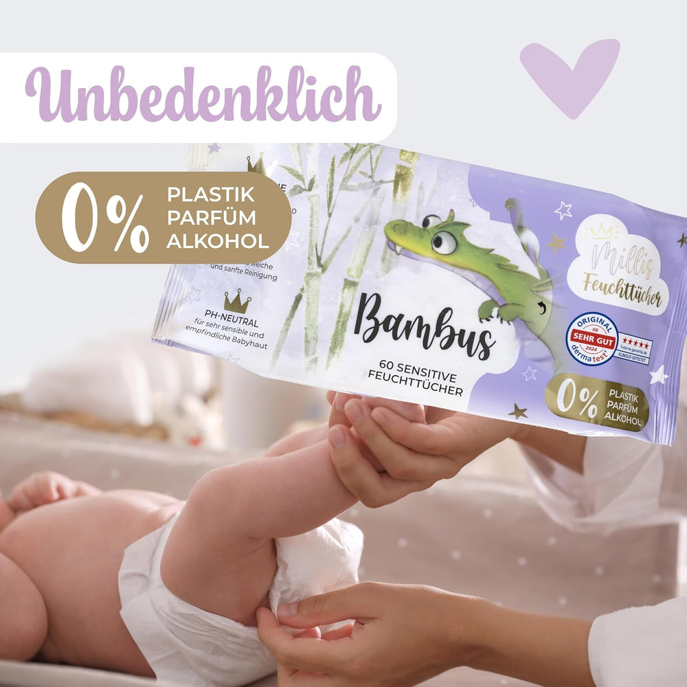 Șervețele umede Millis Bamboo Baby Sensitive pentru pielea delicată a bebelușilor – 5 x 60 bucăți – Curățare naturală, blândă și sustenabilă – Șervețele biodegradabile pentru bebeluși, fără plastic și fără alcool