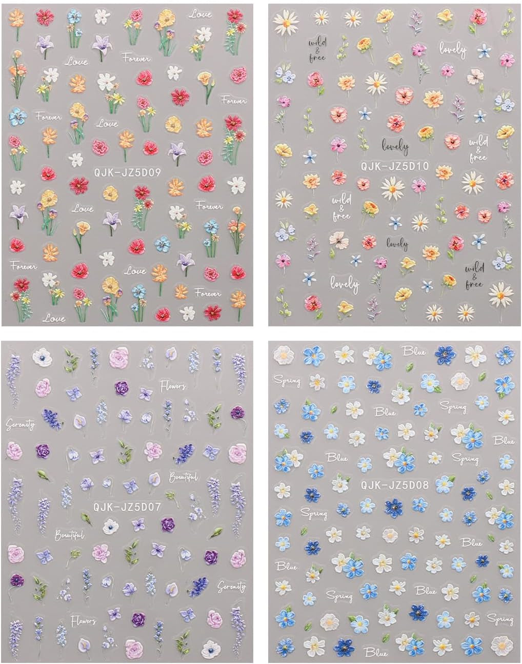 JMEOWIO 3D Nagelsticker Blumen Nail Art Sticker Selbstklebend Nagelaufkleber 5D Stereoskopisch Frühling Sommer Blumen Dekoration Nageldesign Zubehör 4 Blatt