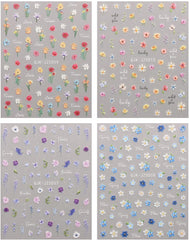 JMEOWIO 3D Nagelsticker Blumen Nail Art Sticker Selbstklebend Nagelaufkleber 5D Stereoskopisch Frühling Sommer Blumen Dekoration Nageldesign Zubehör 4 Blatt