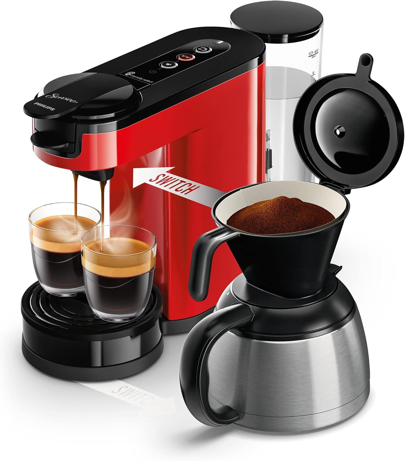 Espressor cu filtru și pad PHILIPS Senseo Switch, tehnologie de preparare 2 în 1, rezervor de apă de 1 litru, 7 căni într-o singură preparare, negru piano (HD6592/64)