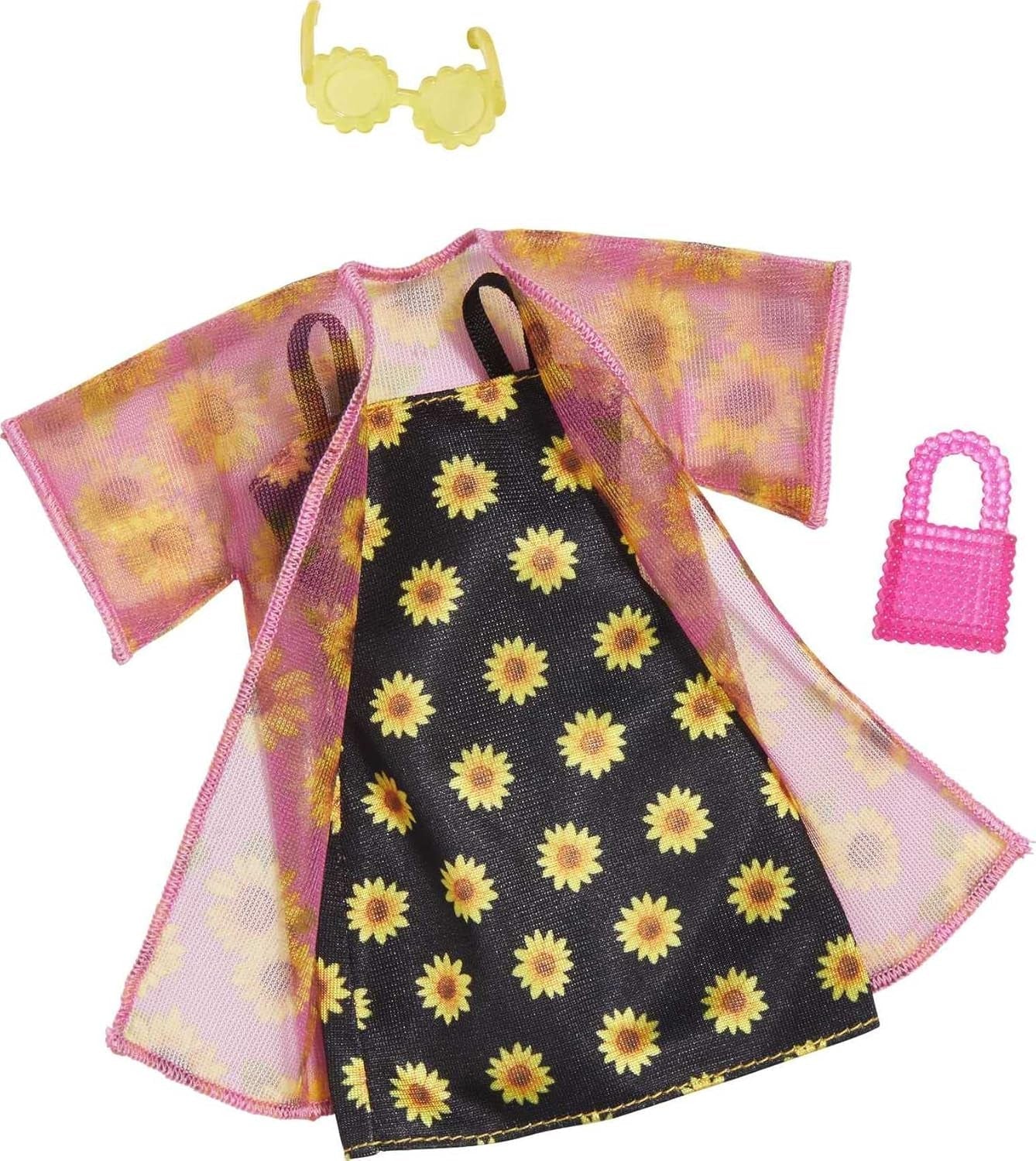 Barbie Fashions 2er-Pack, 2 Outfits & 2 Accessoires: Hemd, Shorts & Kimono, ärmelloses Sonnenblumenkleid, Geldbörse & Sonnenbrille, Kinder ab 3 Jahren