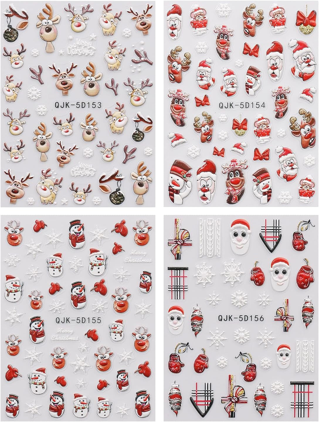 JMEOWIO 3D Nagelsticker Weihnachten Nail Art Sticker Selbstklebend Nagelaufkleber 5D Stereoskopisch Schneeflocke Xmas Winterurlaub Niedlich Dekoration Nageldesign Zubehör 4 Blatt