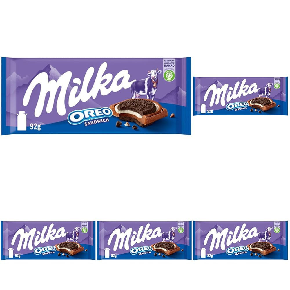 Sandwich Milka Oreo – Ciocolată cu lapte alpină, umplută cu bucățele crocante de biscuiți Oreo și cremă fină de vanilie – 92g
