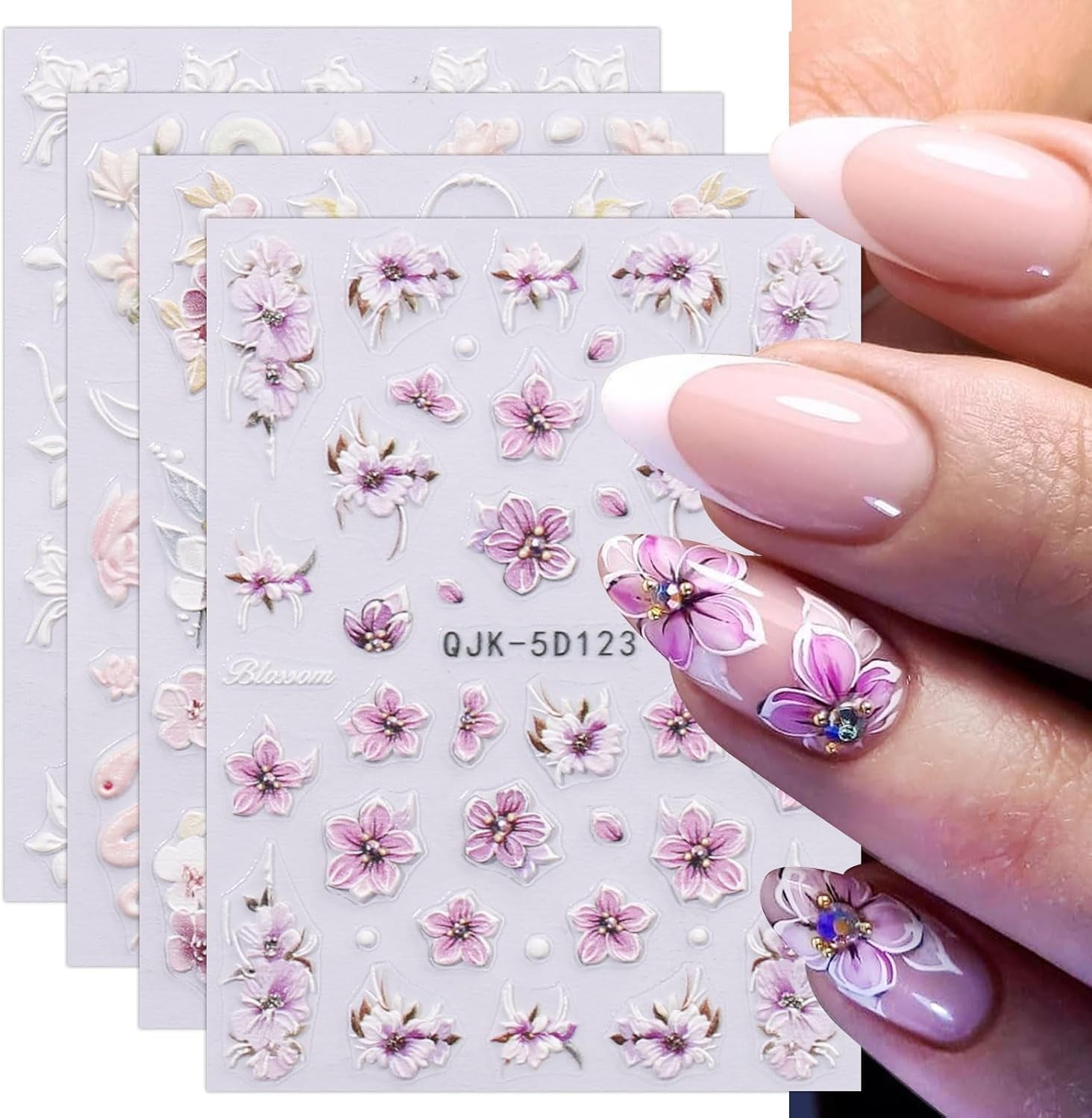 JMEOWIO 3D Nagelsticker Blumen Nail Art Sticker Selbstklebend Nagelaufkleber 5D Stereoskopisch Frühling Sommer Dekoration Nageldesign Zubehör 4 Blatt