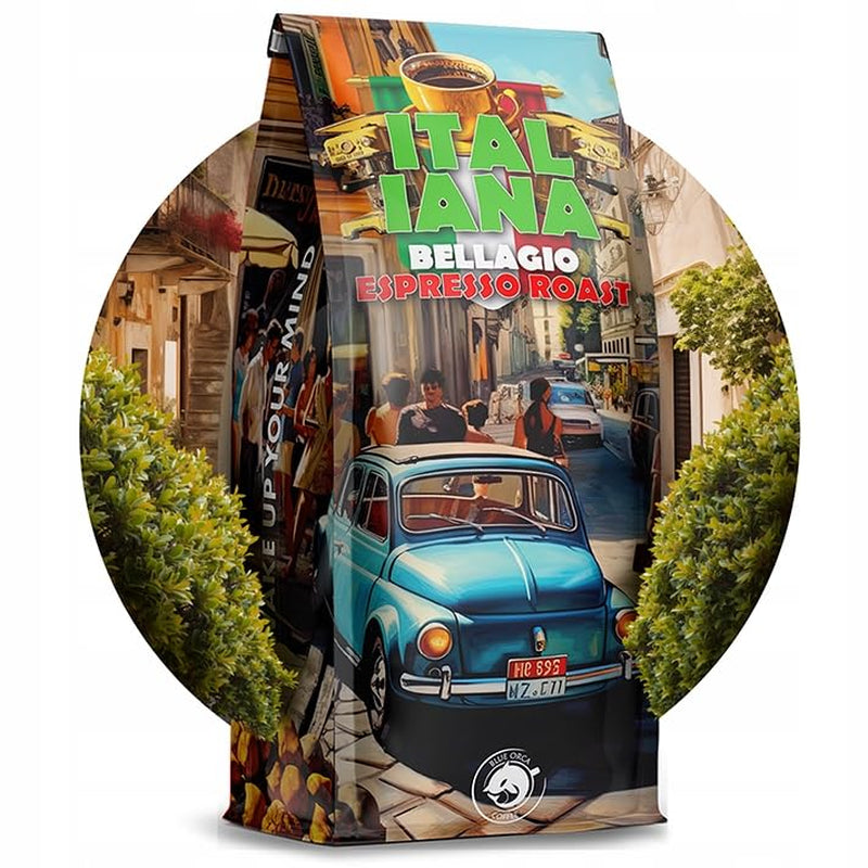 Boabe de cafea prăjite Italiana Bellagio 1kg | 80% Arabica și 20% Robusta | cu note de nuci și ciocolată neagră | proaspăt prăjită, aciditate scăzută | pentru aparate de cafea | Blue Orca Coffee