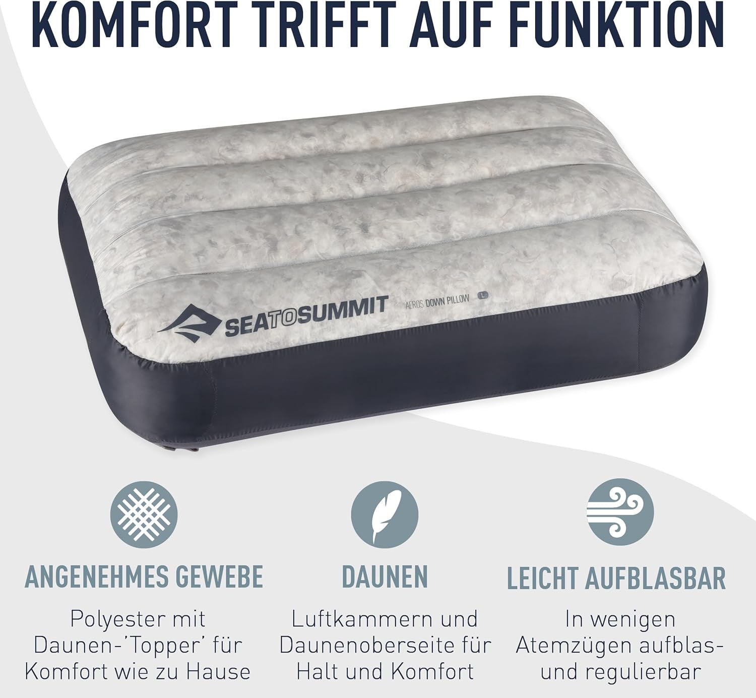Sea to Summit - Aeros Down Travel Pillow L - Ultralight & Inflabilă - Material 10D - Pernă din puf Premium - Antiderapantă - Pentru drumeții și camping - 42 X 28 X 12 Cm - Gri - 95 G Perne calatorie Naty Shop