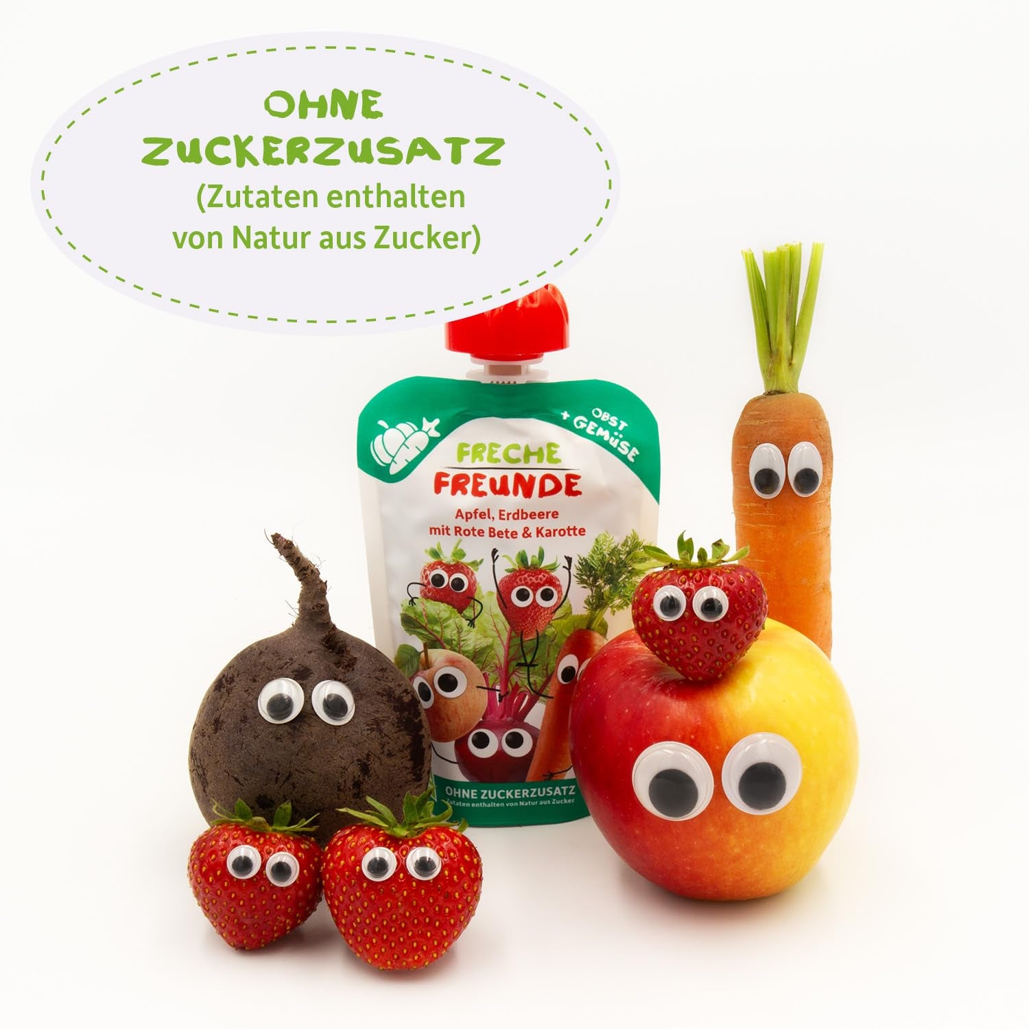 FRECHE FREUNDE Pungă de fructe bio, compresibilă, cu mere, căpșuni, sfeclă roșie și morcov, piure de fructe cu legume într-o pungă compresibilă pentru bebeluși de la 6 luni, vegan, pachet de 6 (6 x 100g)