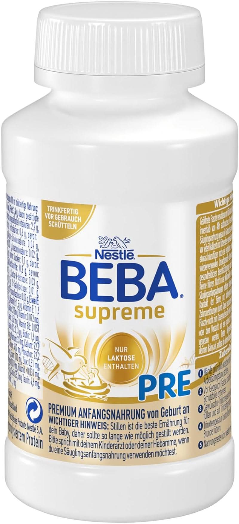 BEBA SUPREME PRE Lapte inițial gata de băut de la naștere, hrană pentru bebeluși cu DHA, doar lactoză, fără ulei de palmier, pachet de 8 (8 x 200 ml) Mama si Copilul Naty Shop