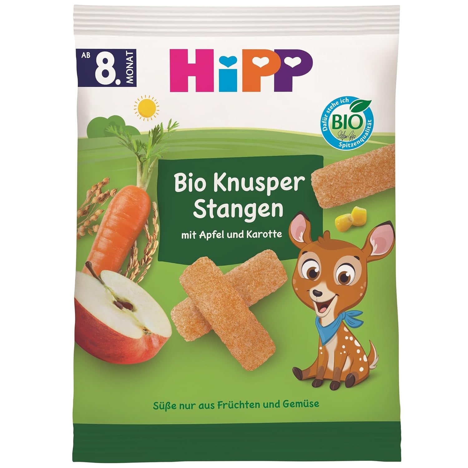 HiPP Bio Knusper Stangen Apfel Karotte (7 x 30g), Babysnack ab 8. Monat, Süße nur aus Früchten und Gemüse, glutenfrei, in bester Bio-Qualität