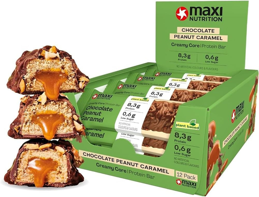 MaxiNutrition Baton proteic vegan cremos cu ciocolată, arahide și caramel 12x45g - baton proteic vegan, 18% proteine, 8,3g per baton, conținut scăzut de zahăr (0,9g), fără zahăr adăugat, fără arome artificiale