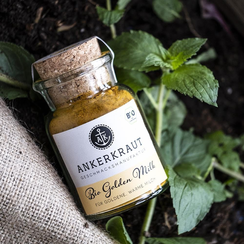 Ankerkraut Bio Golden Milk, Gewürz für goldene Milch, mit Kurkuma, Zimt und Ingwer, 75 g im Korkenglas