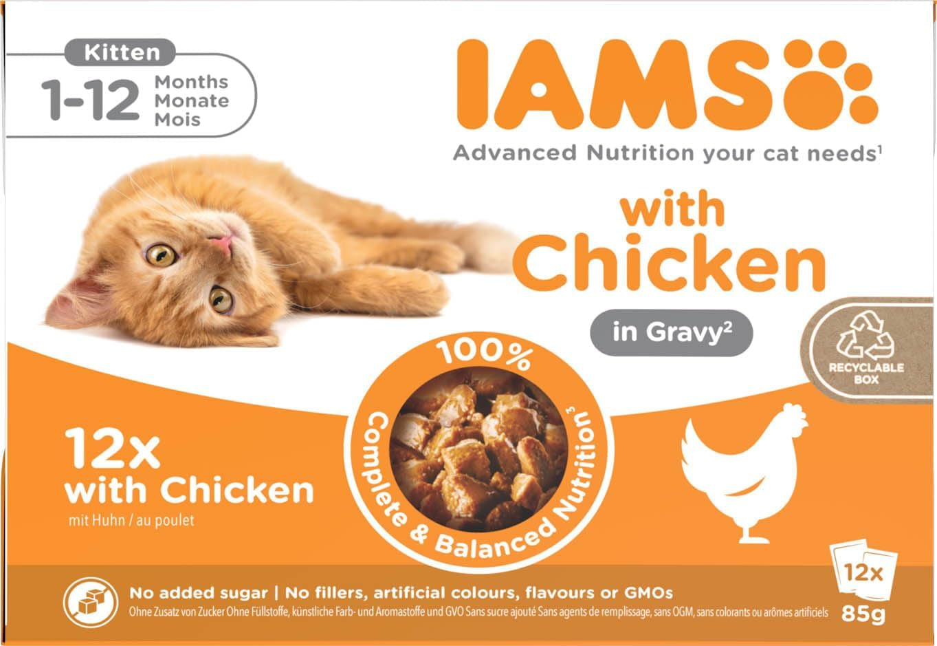 IAMS Delights Kitten Hrană umedă - Multipack Hrană pentru pisici cu pui în sos, hrană de înaltă calitate pentru pisoi junior de la 1-12 luni, 12 X 85G