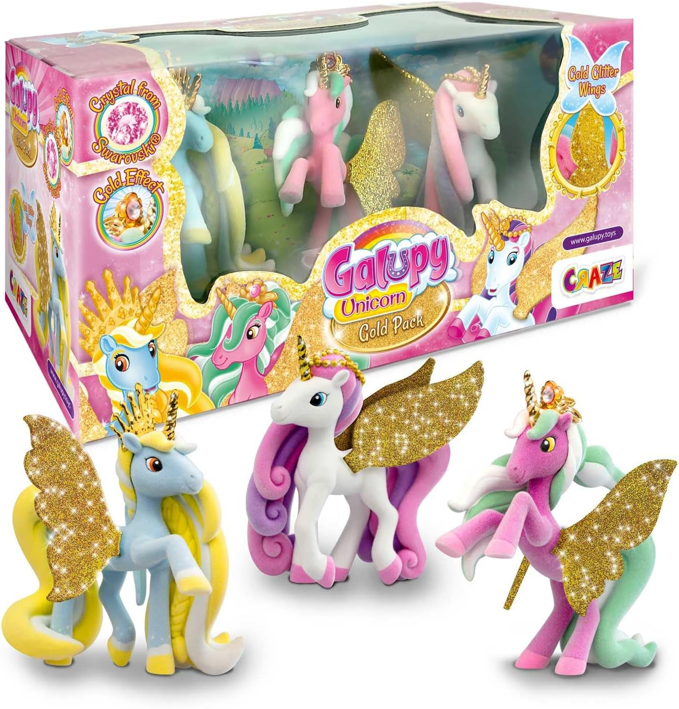 Galupy Unicorn - Pachet de 3 figurine unicorn, jucării unicorn de colecționat, figurine ponei cu aripi strălucitoare și cristal Swarovski Action figures Naty Shop Galupy Gold Edition Pochette_3