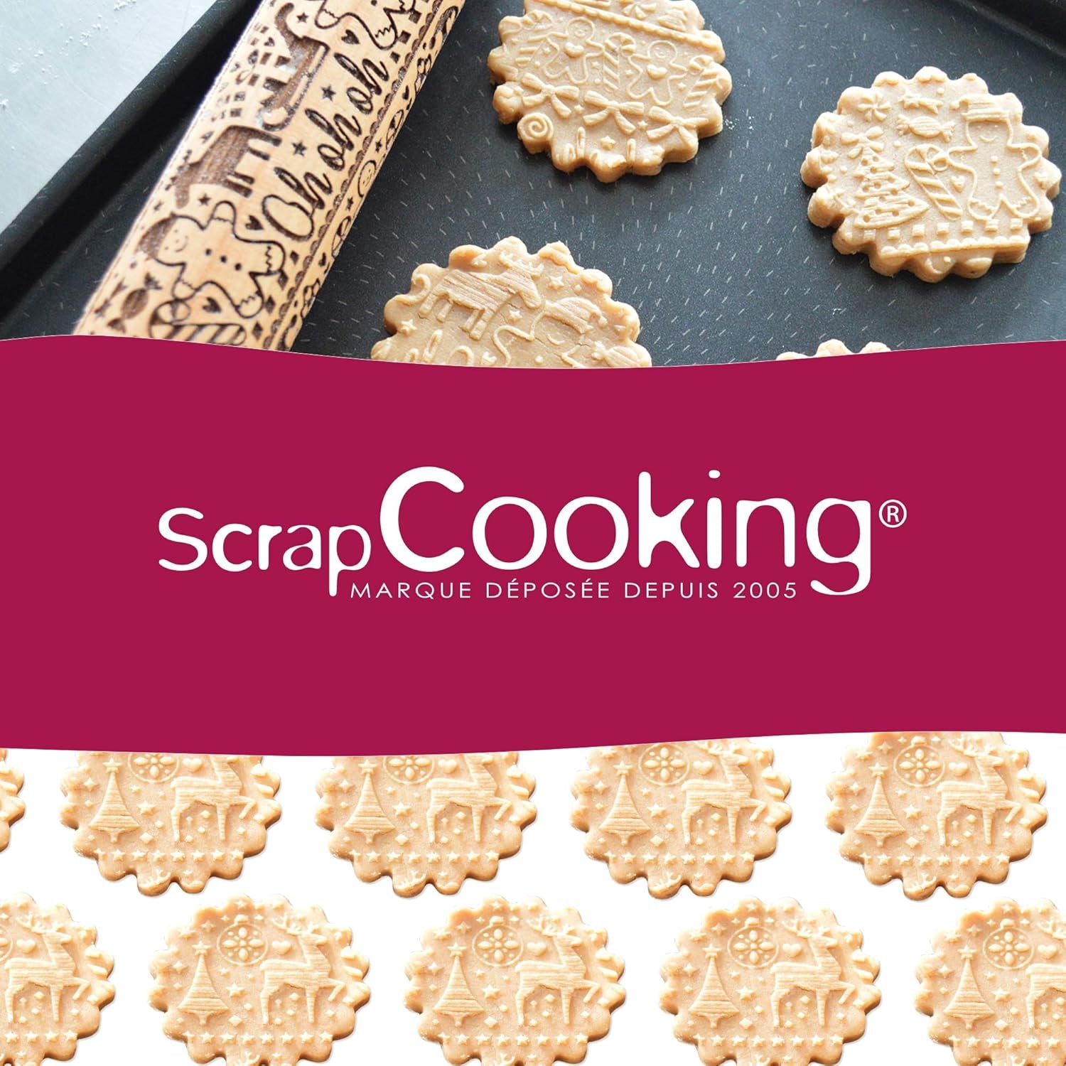 Sucitor din lemn Scrap Cooking „Xmas” cu motive de Crăciun – rolă de embosat cu decorațiuni în relief pentru fursecuri – accesoriu decorativ – 5242