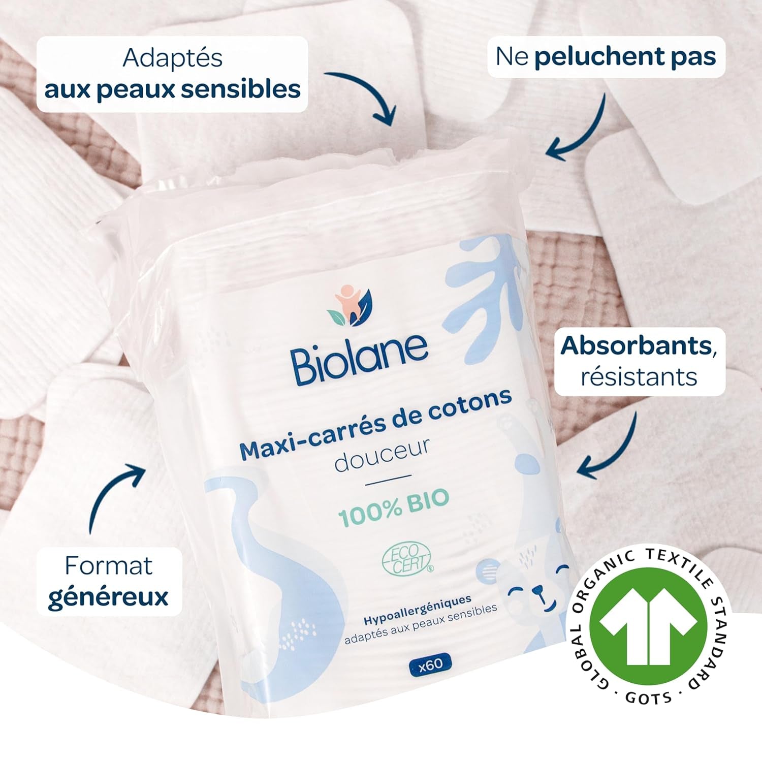 BIOLANE 12 Dischete umede Maxi-Squares – Bebeluși – 100% Organic – 720 Bumbac – pentru piele sensibilă – Schimb și Toaletă – de la naștere – fabricate în Franța