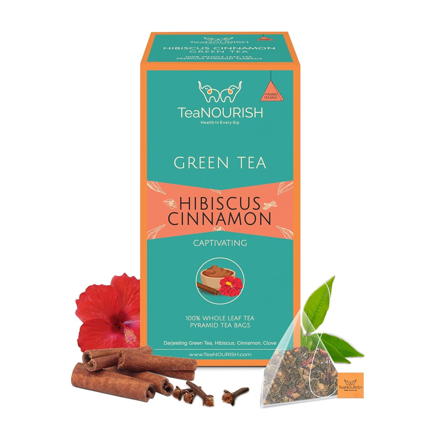 Teanourish Ghimbir Tulsi Ceai verde | 20 pliculețe de ceai piramidale | Darjeeling frunze întregi | Superalimente indiene Ghimbir, Tulsi &amp; Lemn dulce | Ameliorează stresul și favorizează digestia